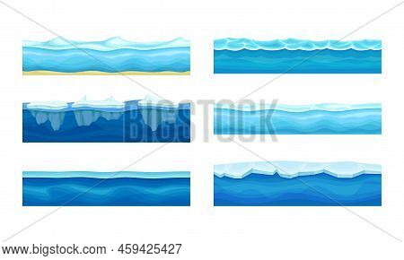 Blue Water Surface With Ice And Curved Waves Vector Set