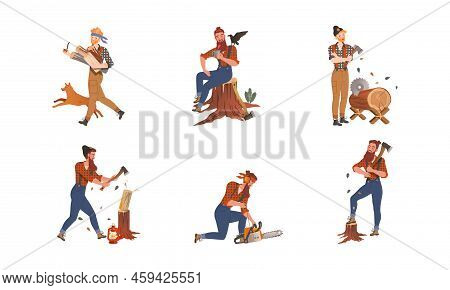 Bearded Woodman Or Lumberman In Checkered Shirt And Sling Pants With Felling Ax Chopping And Sawing 