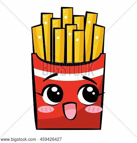Cute Kawaii French Fries Cartoon Character. Vector Stock Illustration.