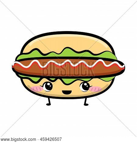 Cute Kawaii Hamburger Character, Cartoon Style. Vector Stock Illustration.