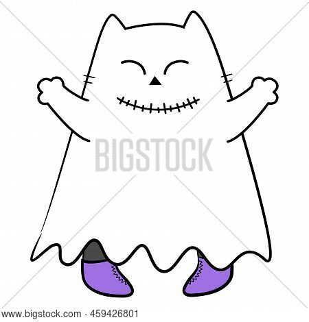 Cute Halloween Cat In Doodle Style. Vector Stock Illustration.