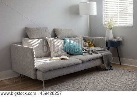 Grey Colored Modern Sunlit Living Room With The Couch, Floor Lamp, Side Table, Carpet And Window Sha