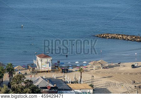Israel Netanya September 2021. Lifeguard Station On The Beach. Beach In Netanya And Lifeguards.