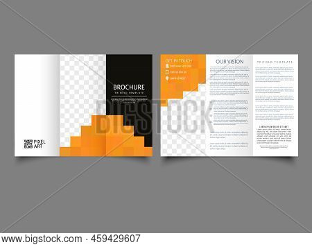 Orange Template Vector Trifold Pixels Mosaic Abstract. Trifold Business Brochure. Vector Design, Pri