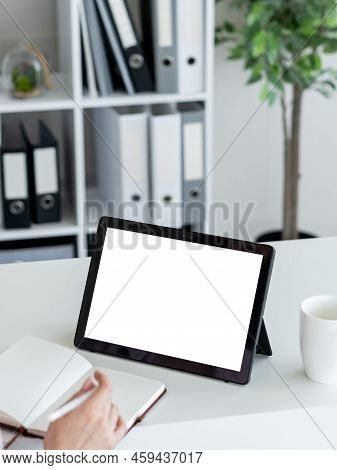 Business Training. Studying Woman. Computer Mockup. Unrecognizable Lady Looking Tablet Computer Blan