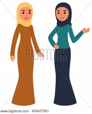 Cartoon Muslim Woman In Traditional Clothes And Headscarf, Isolated On White Background. Flat Design