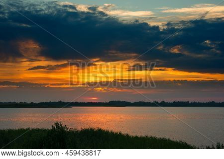 Serene Landscape Lake In The Evening - The Shores Of Lake Otolovo In Belarus