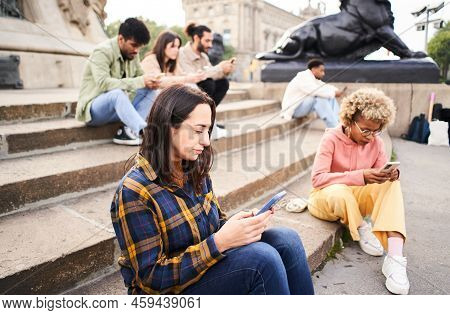 Technology Addicts Group Of People Ignoring Each Other Using Mobile. Individualist People Chatting W