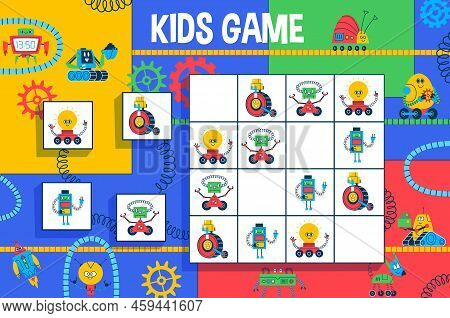 Sudoku Kids Game, Cartoon Robots And Droids Vector Block Puzzle Of Children Education Worksheet. Log