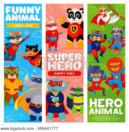 Superhero Cartoon Animal Characters. Vector Banners Of Cute Cat, Bear And Dog Personages In Super He