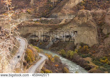 Serpentine Road To The Village Of Gunib, Dagestan, Russia. A Sharp Turn In The Road. Beautiful Highw