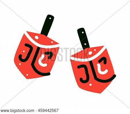 Vector Illustration Of A Series Of Hanukkah Dreidels, And Its Letters. Wooden Dreidels. Jewish, Hebr