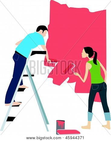 Vektor illustration af unge voksne par maleri interiør væg i huset.