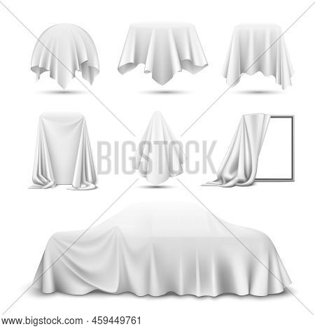 White Silk Cloth Covered Objects Realistic Set With Draped Mirror Car Hanging Napkin Tablecloth Curt