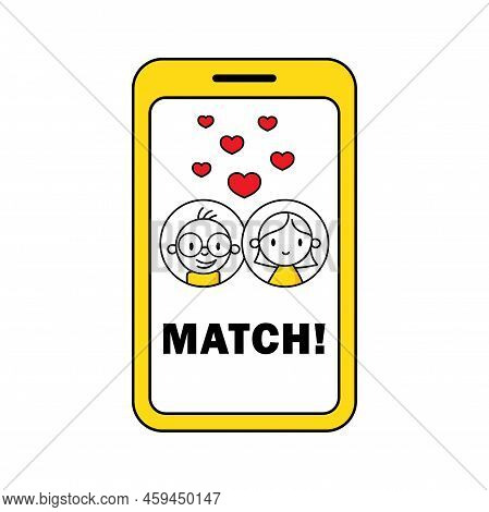 Couple Match In Online Application On Smartphone. Online Dating Concept. Virtual Pair Building. Vect