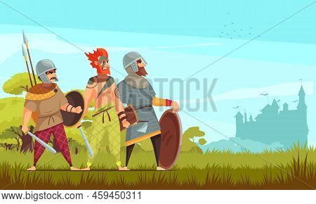 Ancient Hunter Background With Weapons And Wild Animals Flat Vector Illustration