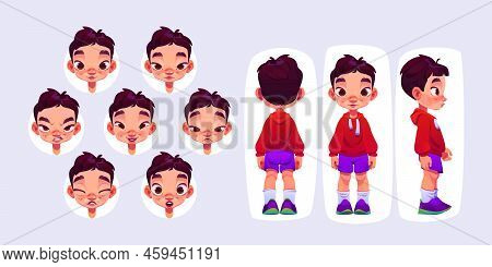 Asian Little Boy Standing Isolated On White. Cartoon Illustration Of Cute Chinese Kid Front, Side, B