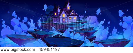 Fantasy Game Background With Magic Floating Islands And House At Night. Vector Cartoon Illustration 
