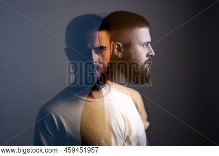 Double Exposure Crative Side View Profile And Portrait Of Artistic Bearded Model Man In White T-shir