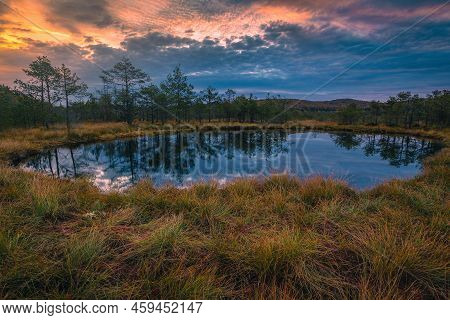 Beautiful Autumn Landscape And Small Lake In The Swamp. Fantastic Sunrise Lights And Colorful Clouds