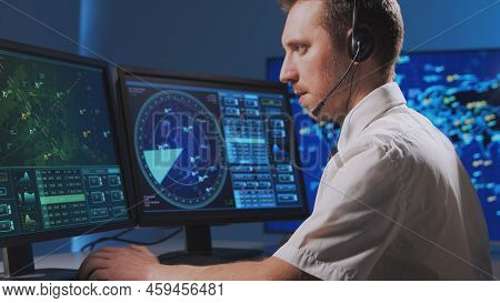 Workplace Of The Professional Air Traffic Controller In The Control Tower. Caucasian Aircraft Contro