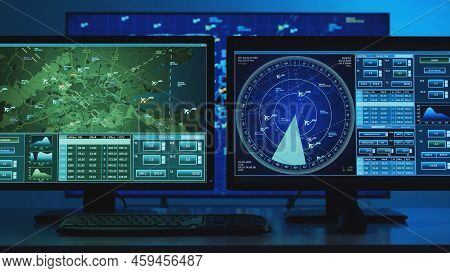 Workplace Of The Professional Air Traffic Controller In The Control Tower. Caucasian Aircraft Contro