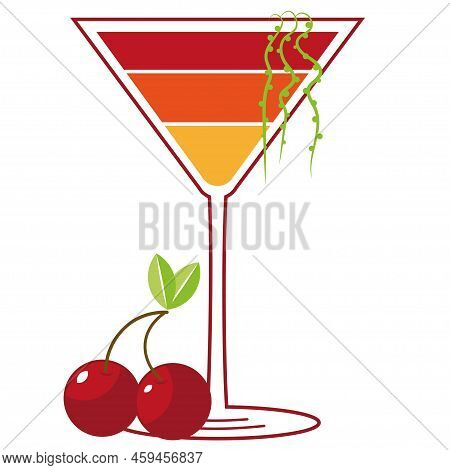Single Glass Of A Bright Colorful Drink With Two Cherries.