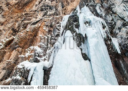 Frozen Butakov Waterfall In The Butakovsky Gorge In The Vicinity Of The City Of Almaty In Winter Day