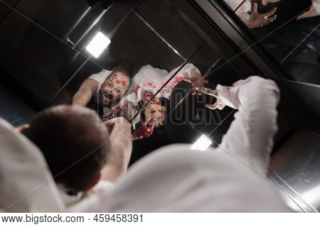 Walking Dead Evil Corpses In Elevator Having Bloody Wounds And Hunting People In Company Office. Bra
