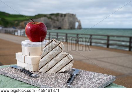 Cheeses Of Normandy, Round Camembert Cow Cheese From Calvados Region And Heartshaped Neufchatel From