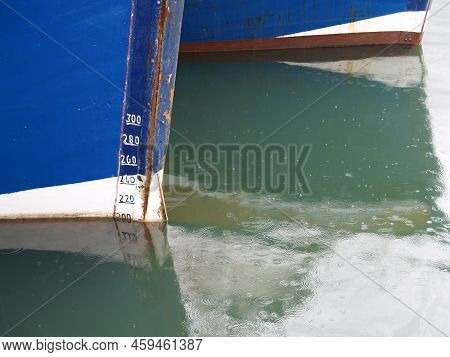 Bow Of Blue Commercial Fishing Boast Close-up With Measurements At Capetown.