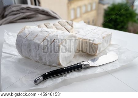 French Cheeses Heartshaped, Squared And Cylindrical Neufchatel Cow Cheese With Mold On White Paper,