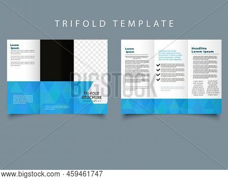 Template Design Of Blue Trifold Brochure With Polygons. Editable And Light Vector With Places For Ph