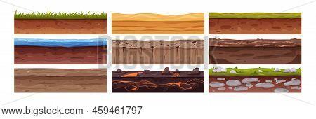 Seamless Ground Cross Sections, Underground Textures Set. Different Soil Layers Under Earth Surface 