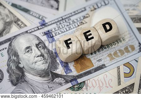 Fed Wording With Up And Down Arrow On Usd Dollar Banknote For Federal Reserve Increase And Decrease 