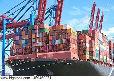 Hamburg, Germany, August 3, 2022: Ultra Large Container Vessel Tihama With High Stacked Freight Unde