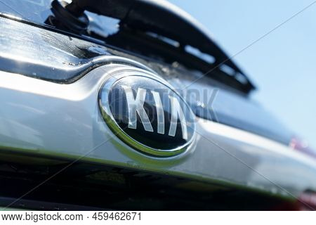 Tyumen, Russia-june 17, 2022: Kia Logo Close Up On Car. Kia Motor Corporation Kia Automobile Headqua