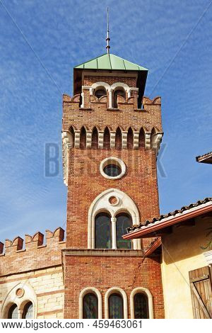 Powerpark, Finland - June 20, 2022: An Exciting Brick Tower With Associated Wall