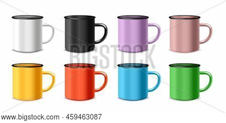 Enamel Mugs In Different Colors, Realistic 3d Vector Illustration Isolated On White Background.