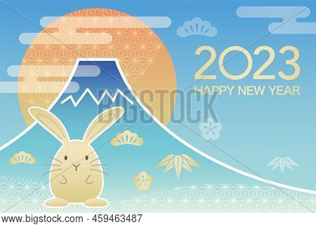 2023, Year Of The Rabbit, New Year's Greeting Card Vector Template With Mt. Fuji, Rising Sun, And A 