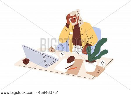 Work Crisis, Lack Of Ideas, Burnout Concept. Sad Confused Creative Worker, Crumpled Papers At Office