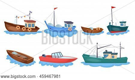 Boats With Fishing Nets. Fisherman Boat Marine Ship Sea Ocean Fisheries For Fish Production Industri