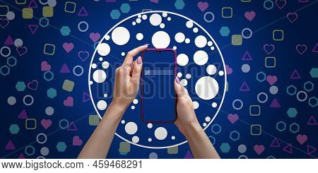 Womens Hands With Smartphone Surrounded By Semantic Bubble Or Filtration Bubble. Concept Of Filterin