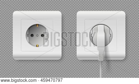 Outlet With Power Cord. Realistic 3d Electric Plug In White Plastic Grounded Square Socket. Electric