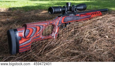 Semi-auto Rimfire Rifle With Scope At The Edge Of A Forest With Grass Behind