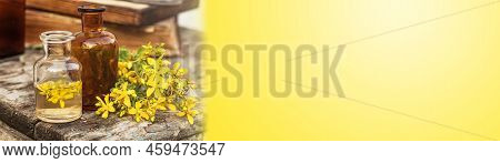 Banner Hypericum Perforatum, St. Johns Wort Apothecary Bottles With Tincture And Essential Oils For 