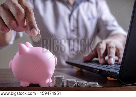 Save Money And Account Banking For Finance Concept, Piggy Bank With Coin On Blurred Background, Save