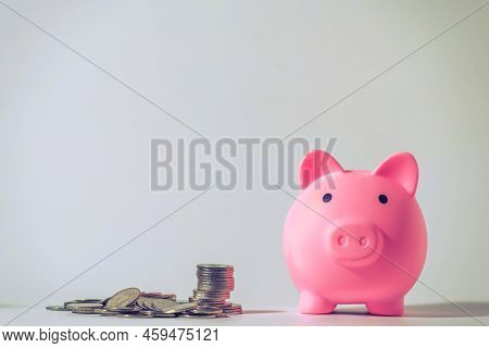 Save Money And Account Banking For Finance Concept, Piggy Bank With Coin On Blurred Background, Save