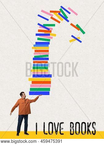 Creative Image With Man Holding Hige Pile Books Over Light Background. Contemporary Artwork. Concept