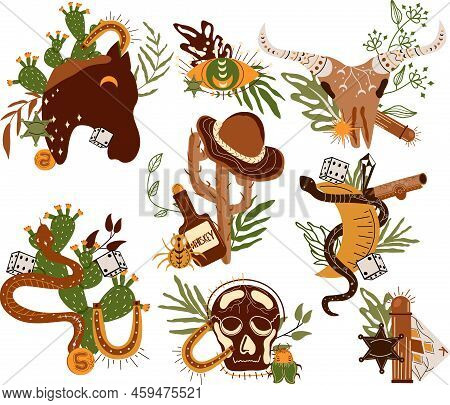 Set Wild West Composition With Cowboy Hat, Playing Cards, An Animal Skull, A Mystical Snake, Dice, G